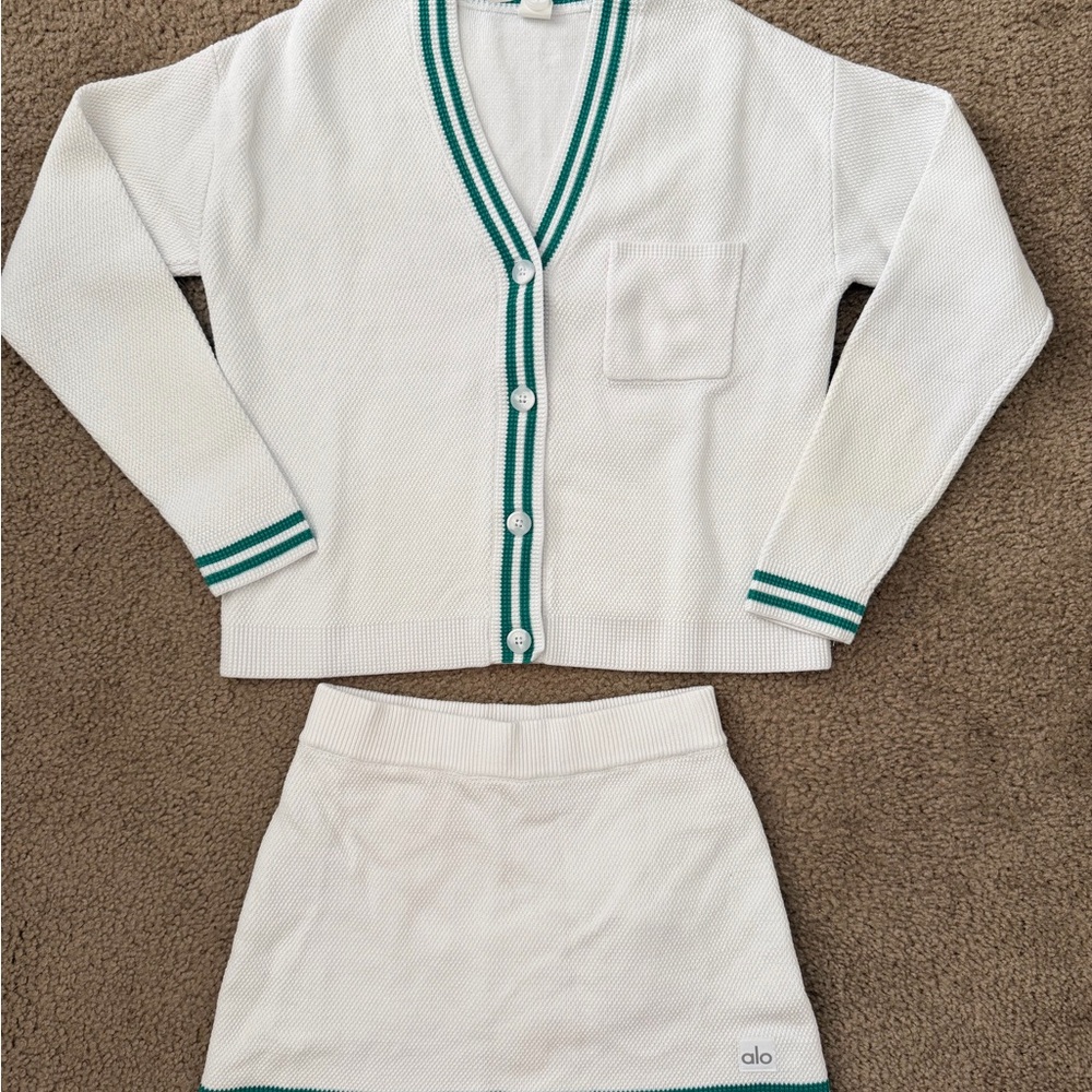 alo tennis club sweater knit cardigan skirt set Spruce Green